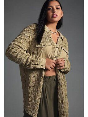 Pilcro Beige Smocked Button-Up Shirt Long Sleeve Front Pockets S